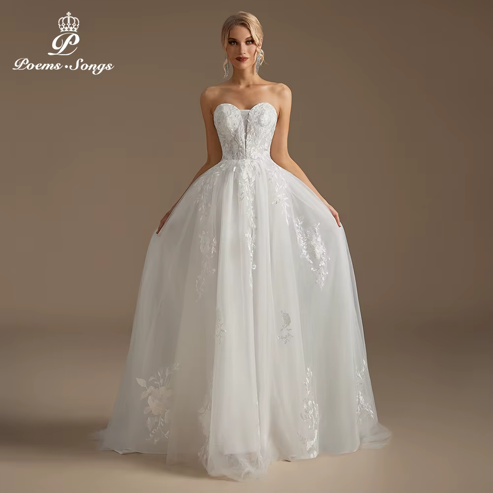 Robe de mariée sans bretelles avec appliques florales, détails brodés floraux, parfaite pour un mari