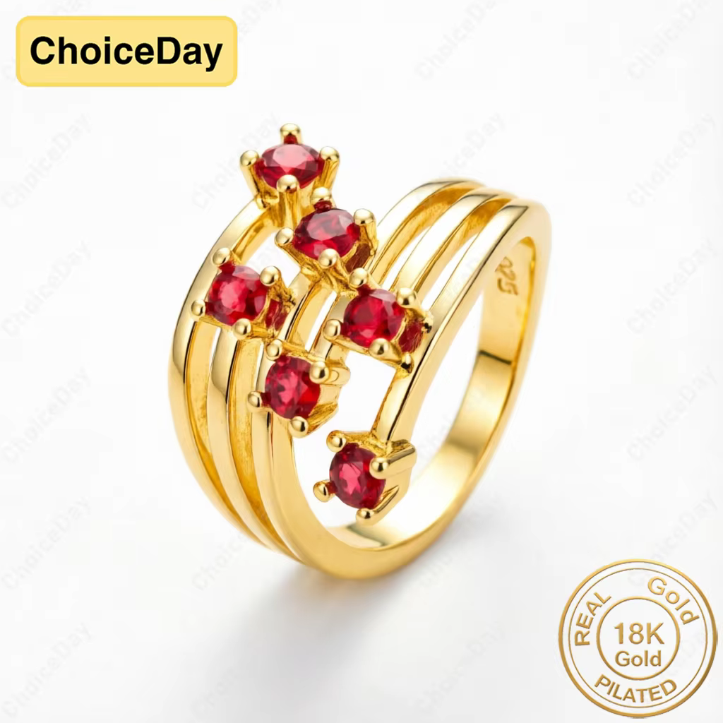 Bague en zircon rouge multi-couches plaquée or 18 carats - Bijou élégant pour femme, cadeau de fianç