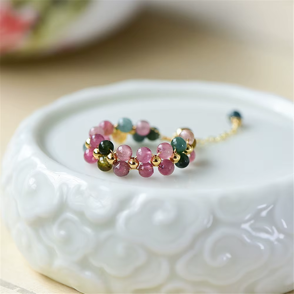 Bague en Tourmaline Arc-en-ciel Naturelle pour Femme, Anneau Rond Réglable, Rempli d'Or 14k, Jolis B