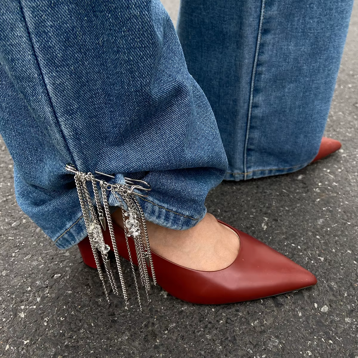 Pendentif chaîne en métal de personnalité exagérée, Rivets en cristal, broches pour femmes, pantalon