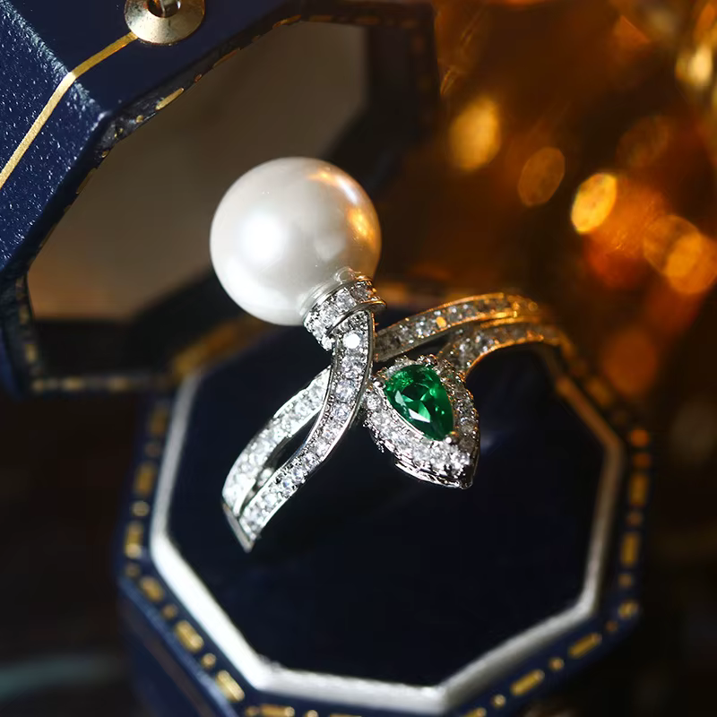 Bague d'ouverture de sagesse colorée perle émeraude vintage exquise pour femme, argent 925, bijoux f
