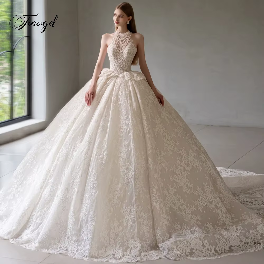 Robe de mariée Traugel élégante, style princesse, en dentelle, avec col halter, traîne chapelle, per