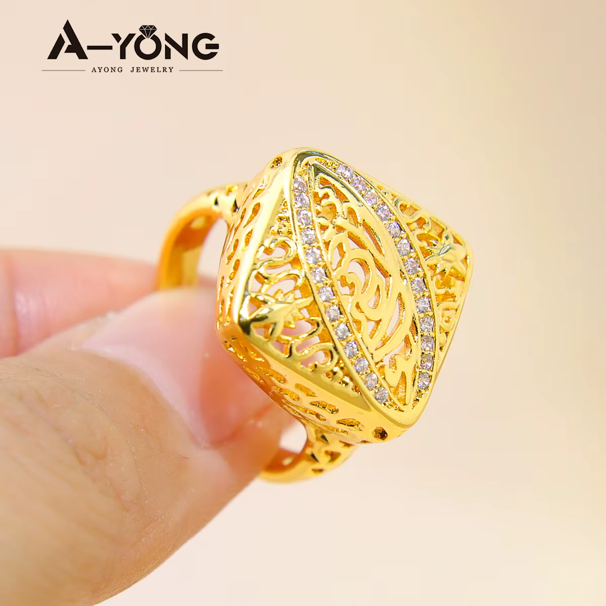 AYONG Dubai couleur or anneaux plaqué or 18 carats zircon cubique moyen-orient bague de luxe femmes 