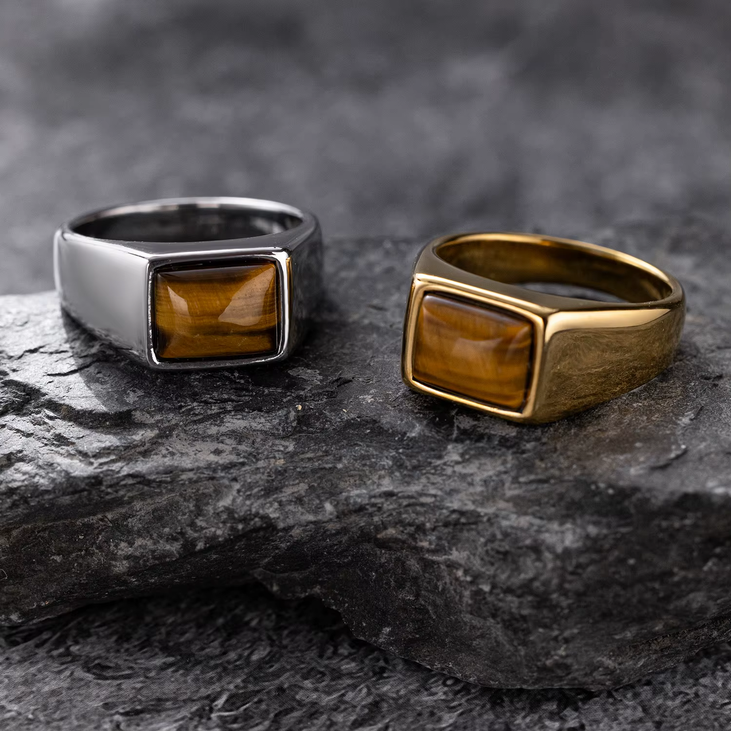 Bague en acier inoxydable 316L avec oeil de tigre naturel – Style rétro simple, bague unique, plaqué