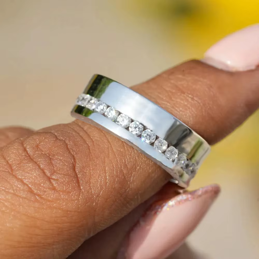 Bague plaquée argent 925 unisexe, bague de fiançailles à large bande CZ, bijoux cadeaux d'anniversai