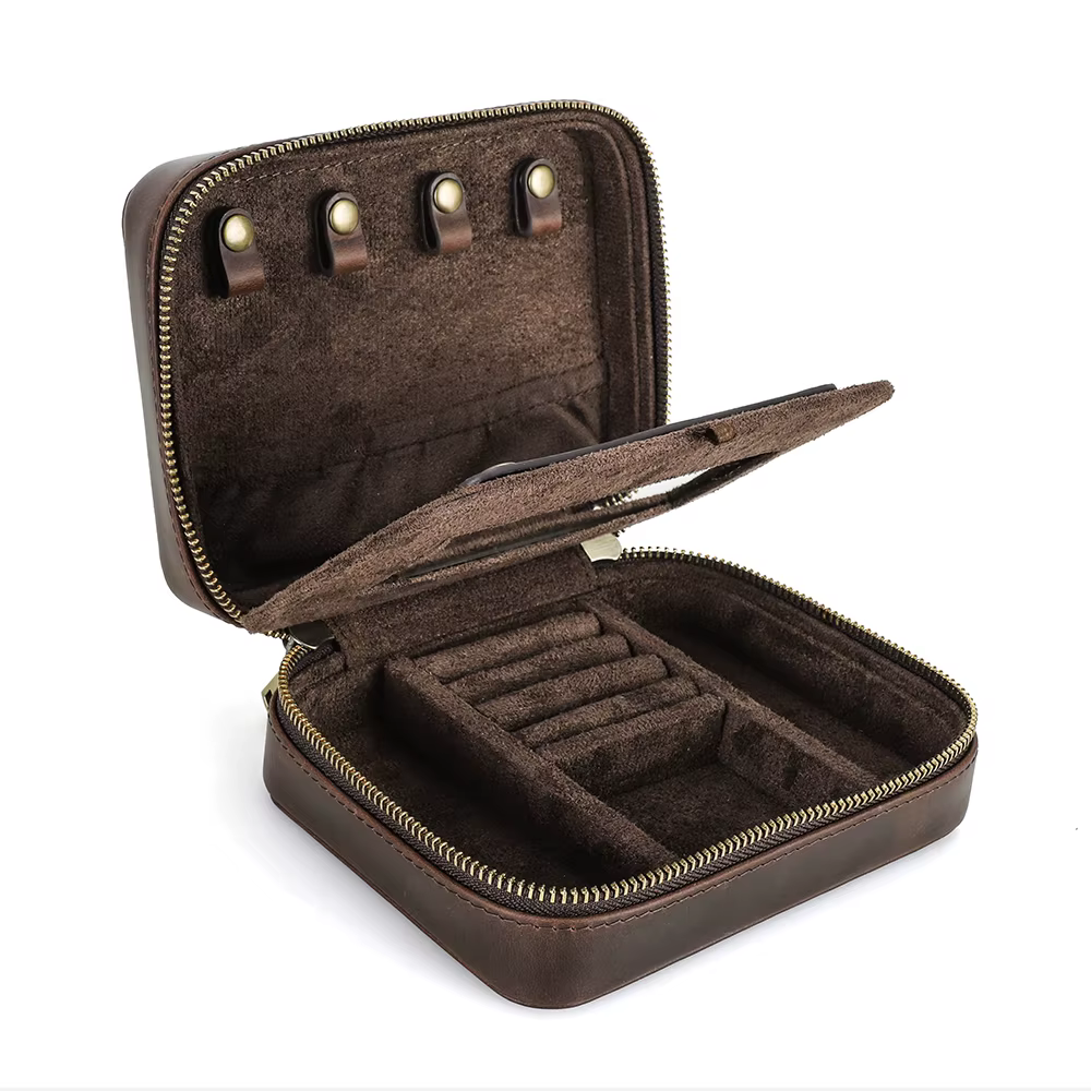 Boîte à bijoux double couche en cuir véritable avec emballage cadeau miroir, étui de rangement porta