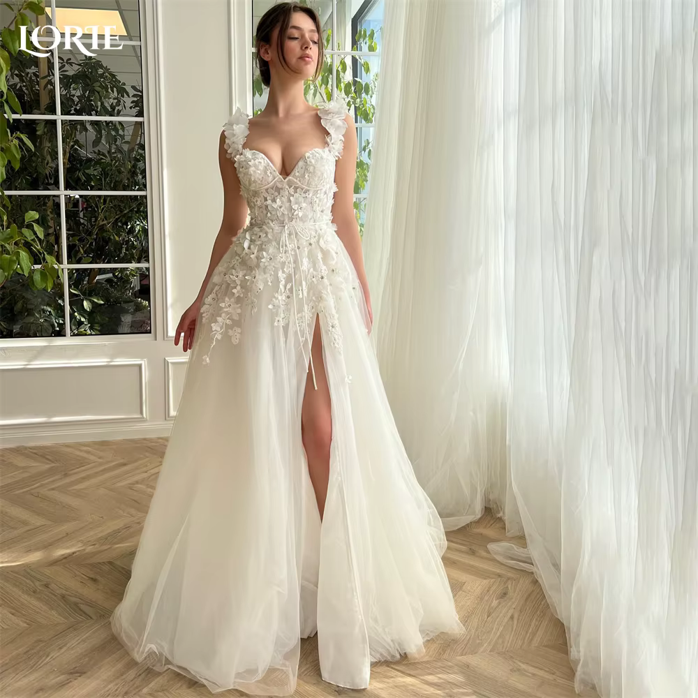 LORIE FAIRE-Robe de Mariée en Dentelle avec Ceinture, Fleurs 3D, Ligne A, Fente Latérale, pour Patie