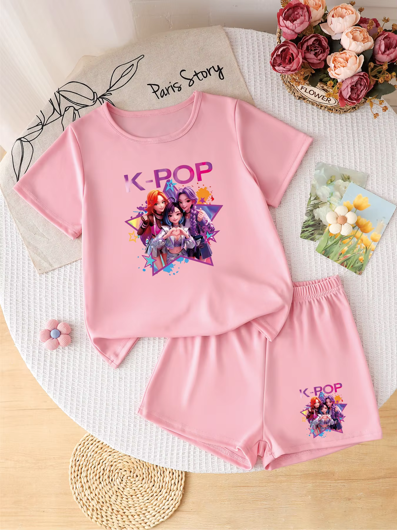 Ensemble tendance pour filles, 2 pièces, t-shirt et short à imprimé graphique K-POP Idol, tenue stre