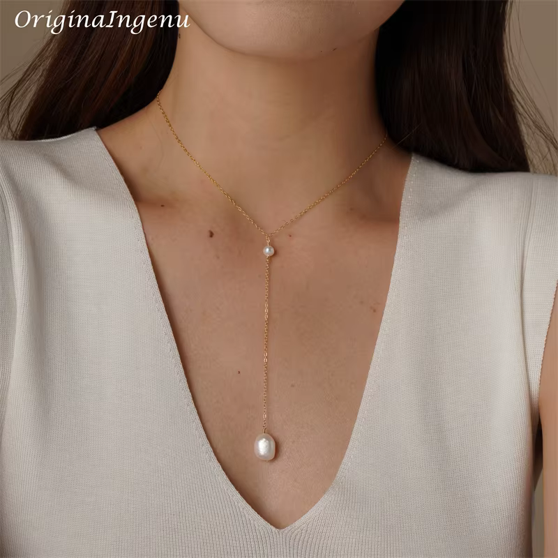 Collier en Y Argenté, avec Pendentif en Perle Baroque, Fait à la Main, Ras de Cou Rempli, Or 12 Cara