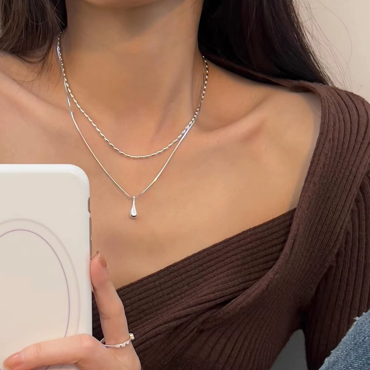 Collier avec pendentif goutte en argent Sterling 925 pour femmes, Design Simple, Double chaîne, bijo