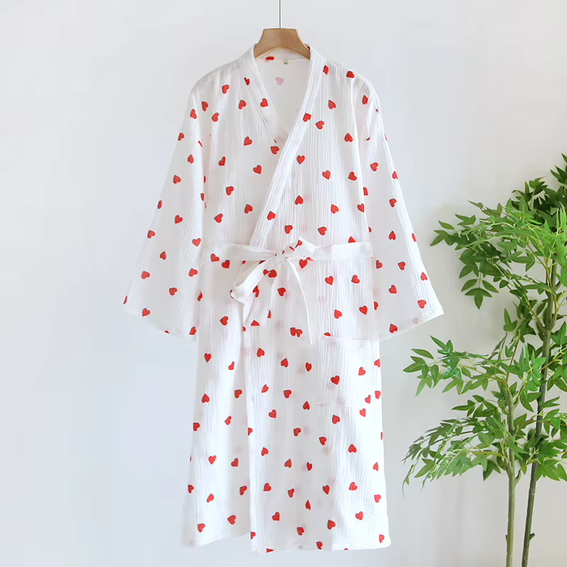 Peignoir en gaze de coton pour femmes, Robes de printemps et d'été, mignon, doux, amour, cœur imprim