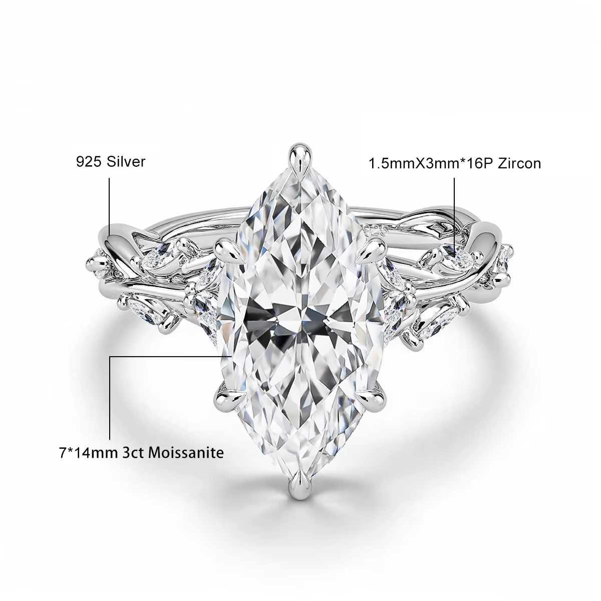 Bague de mariage en or véritable 14 carats avec moissanite 3 carats taille marquise, diamant GRA ins