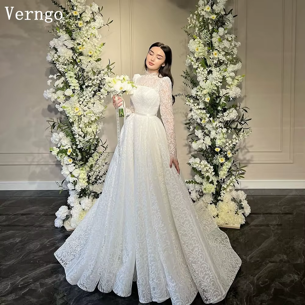 Verngo dentelle une ligne robe de mariée col haut manches longues robes de mariée modestes paillette
