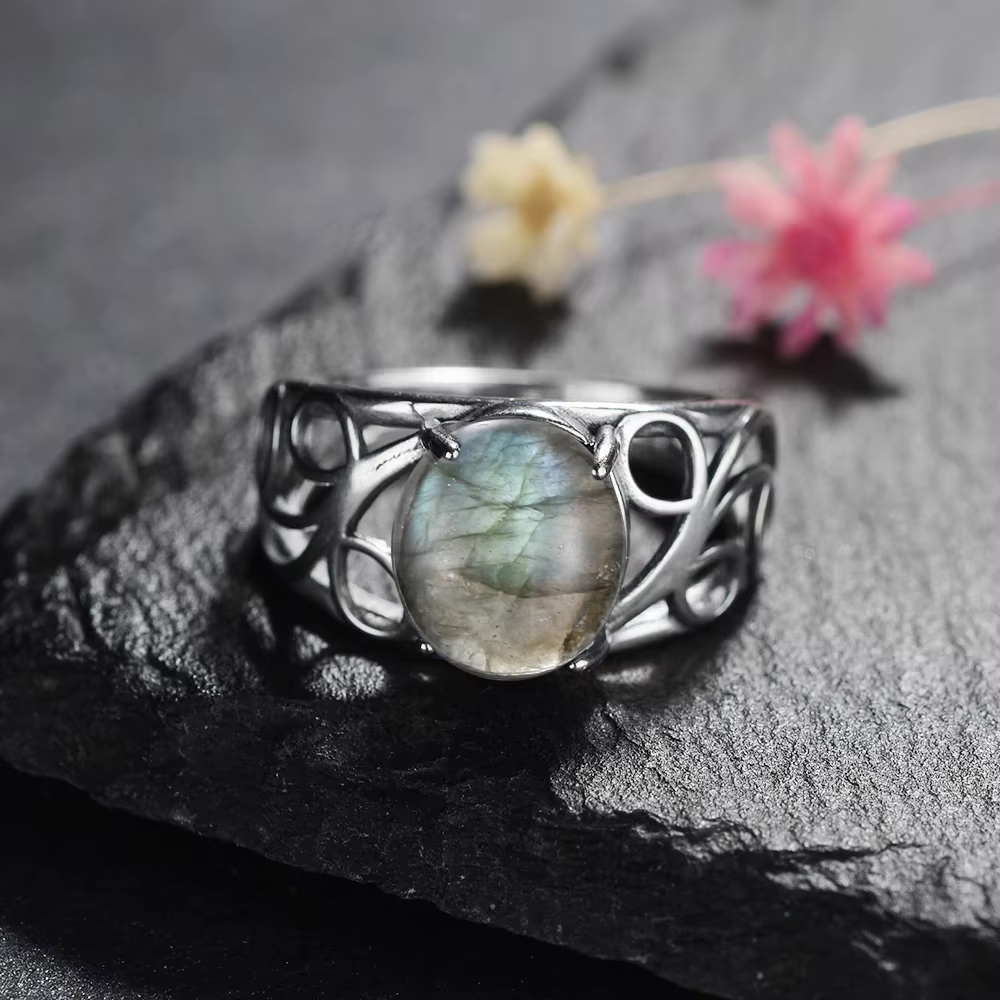Bague ovale en labradorite naturelle pour femme, plaqué argent 925, bijoux rétro, cadeau, forme sole