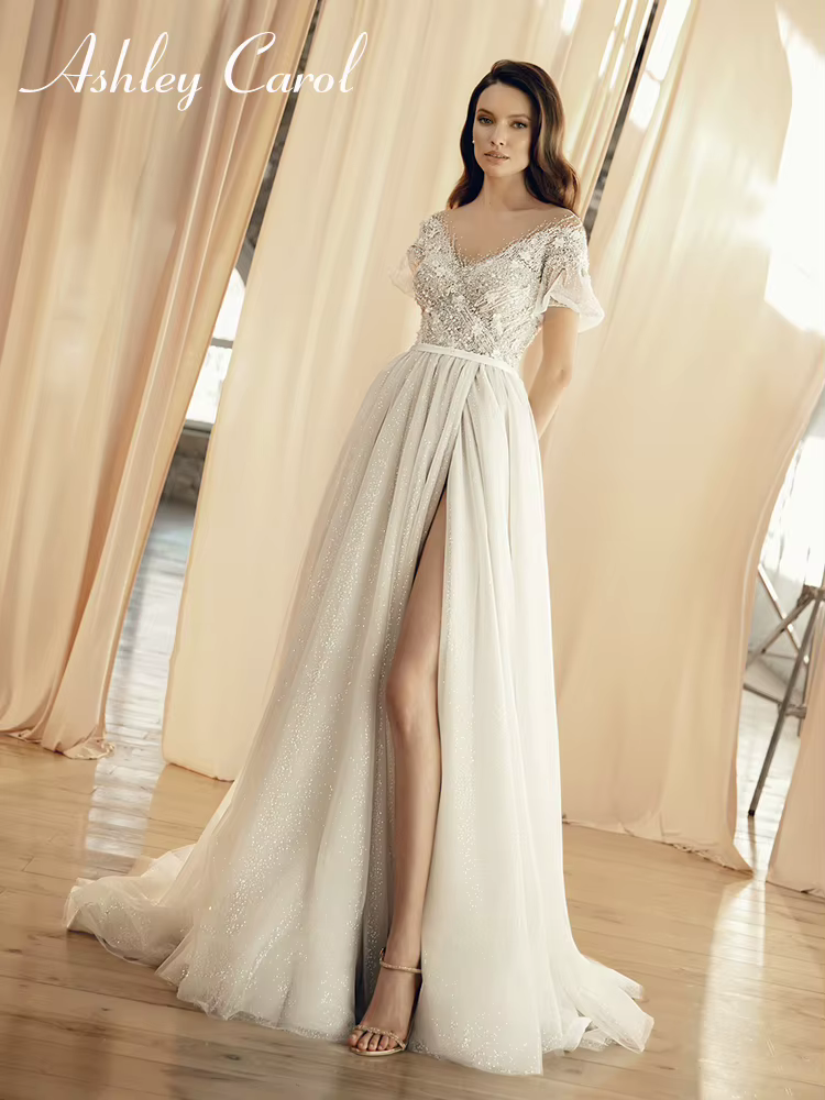 Ashley Carol-Robes de mariée à manches bouffantes, robes de mariée de luxe sexy, col en V rêveur, pe