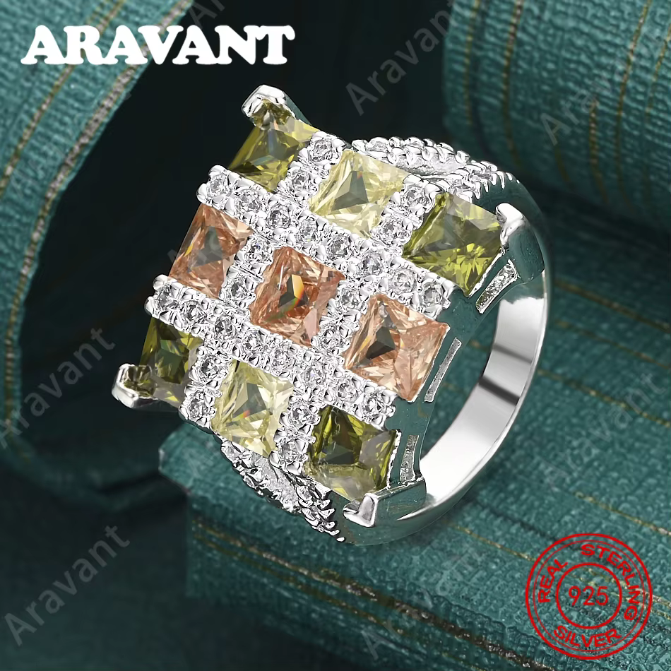 Bague en argent sterling 925 avec zircon carré tricolore à neuf carrés pour femmes, bijoux de fête d