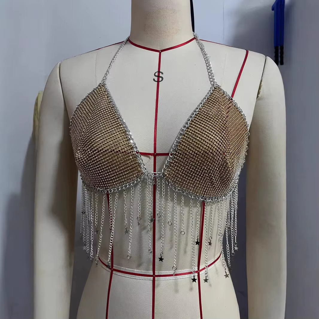 Hauts européens en maille métallique strass, Camis avec pompon, chaîne de soutien-gorge, bijoux de c