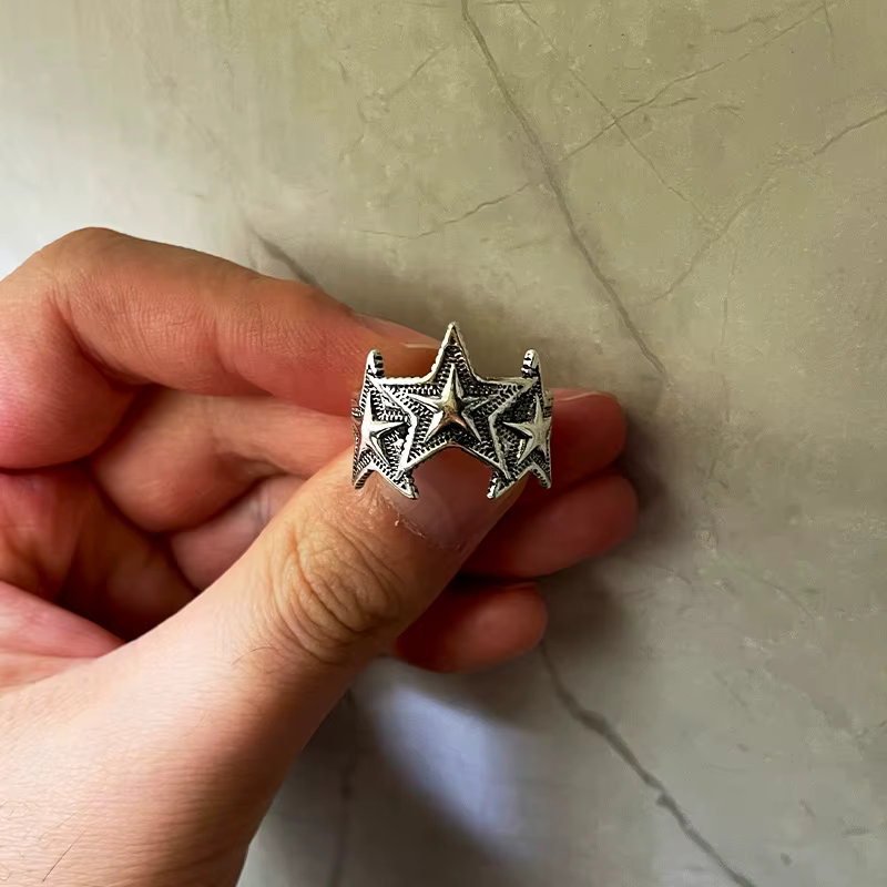Bague rétro Triple étoile pour hommes et femmes, couleur argent, Punk gothique, Vintage, ouverte, bi