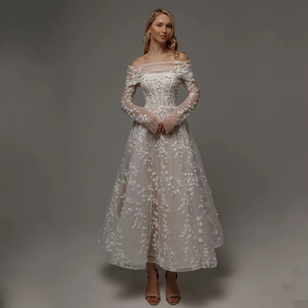 Robes de mariée trapèze brillantes, manches longues, Corset appliqué, robes de mariée pour femmes, T