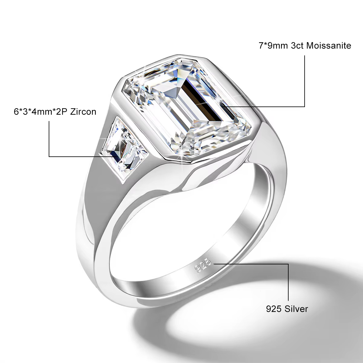 Bague signet en moissanite taille émeraude 7*9mm 3ct couleur D VVS1 en or rempli 14K Au585 pour homm