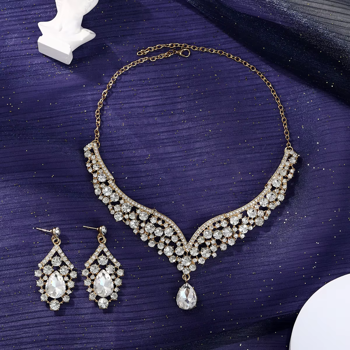 Parure de bijoux de mariée vintage européenne, collier et boucles d'oreilles baroques en cristal, bi