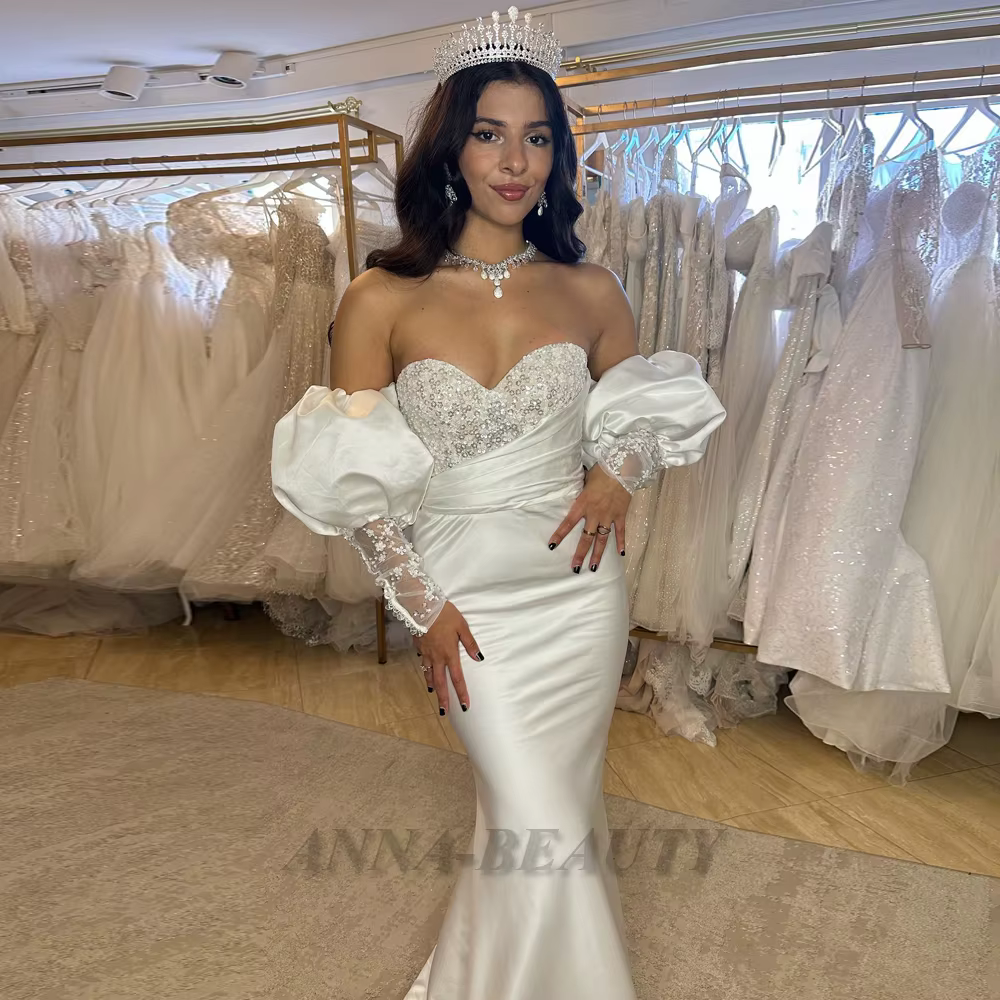 Anna attrayant chérie robe De mariée demi manches bouffantes paillettes trompette laçage Satin robe 