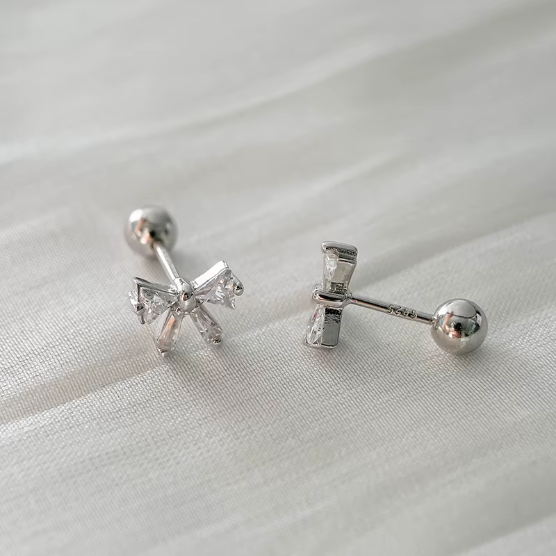 Boucles d'oreilles mignonnes en argent Sterling 925, nœud papillon, vis arrière, pour femmes, enfant