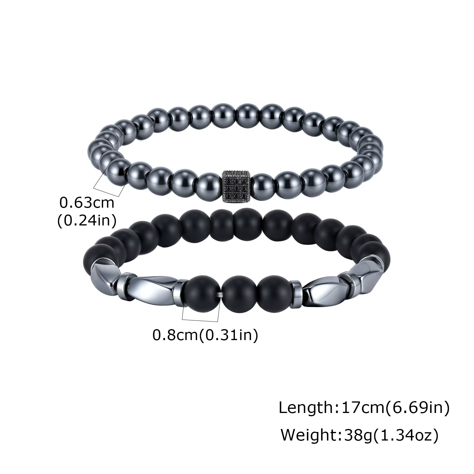 Ensemble de 2 bracelets tendance pour hommes, agate naturelle, hématite, chaîne perlée, bracelet lux