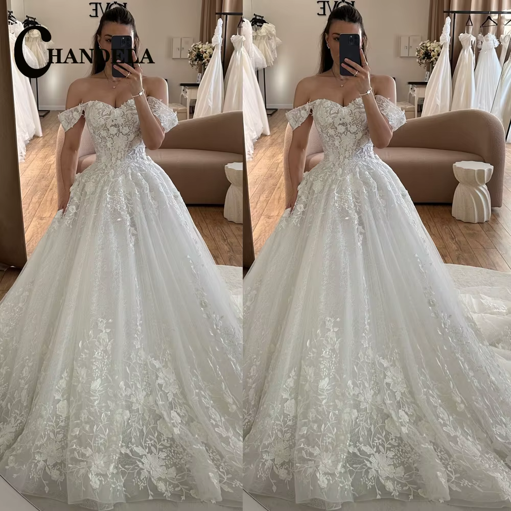 CHANDELA glamour chérie robe de mariée mariée hors de l'épaule dentelle Appliques robe de bal balaya