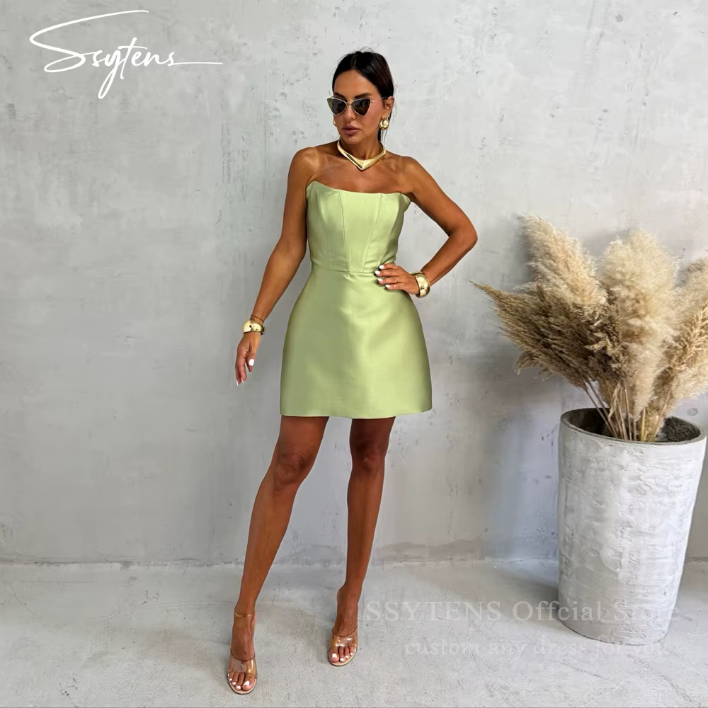 SSYTENS – robe de soirée de mariage courte et élégante, sans bretelles, en Satin, pour occasions spé