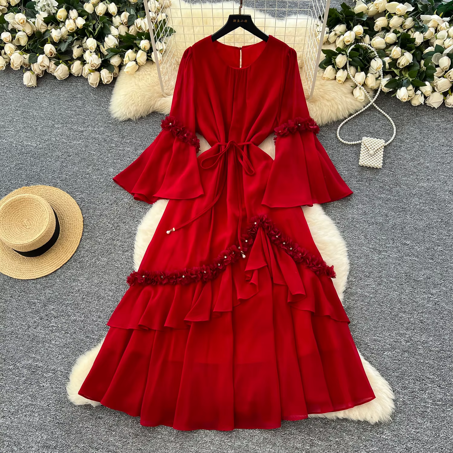 Chic Vintage brodé évasé manches évasées élégant mode française fée décontracté été longue robe robe