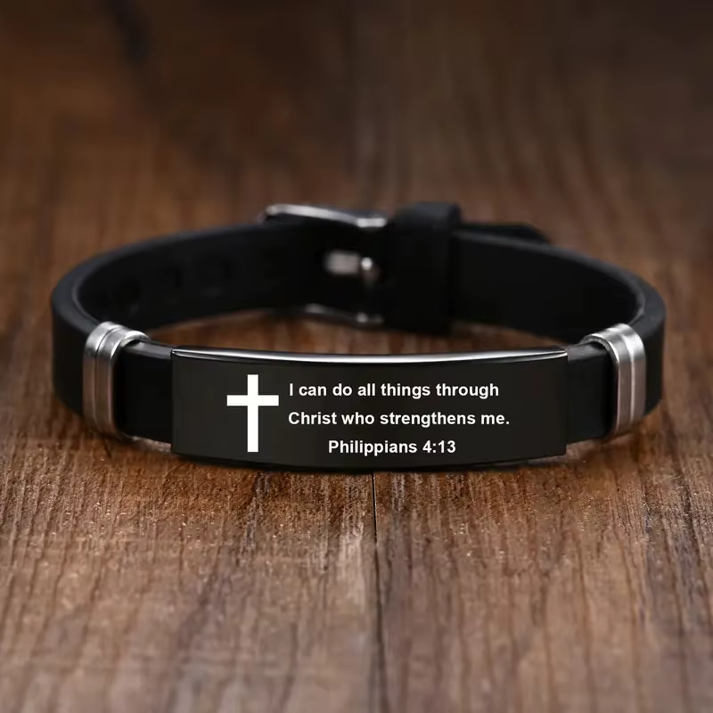 Bracelet verset de la Bible avec croix chrétienne, en acier inoxydable noir, Bracelets de foi inspir