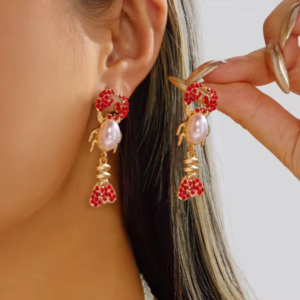 Ensemble de bijoux amusant en forme de homard, collier perlé et boucles d'oreilles pendantes pour fe