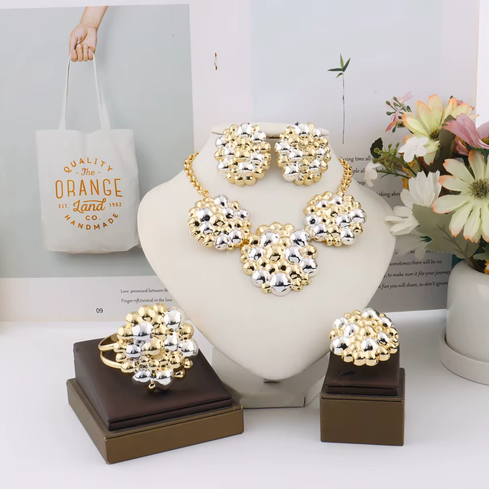 Ensemble de bijoux plaqué or français pour femme, collier, boucles d'oreilles, bague, bracelet, boul
