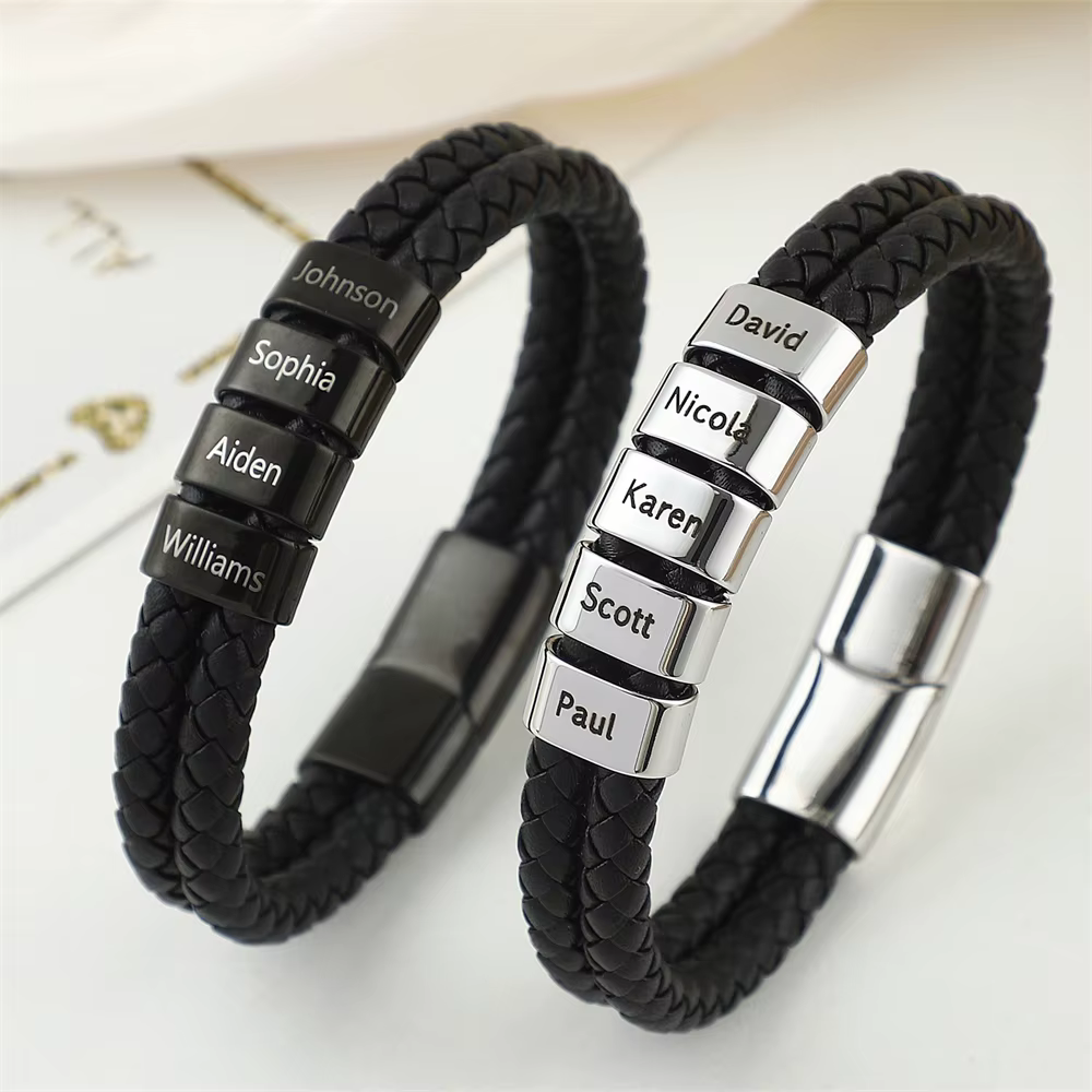 Cadeau de fête des pères Bracelet en cuir personnalisé pour hommes noms d'enfants gravés personnalis