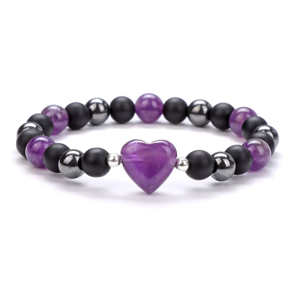 Améthystes naturelles coeur Bracelets pour femme mat noir Onyx hématite perles élastique Bracelet ho