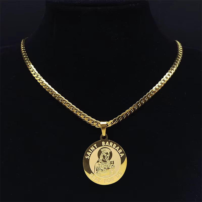 Collier archange Saint Barbara Priez pour nous pour femmes et hommes, pièce en or, acier inoxydable,