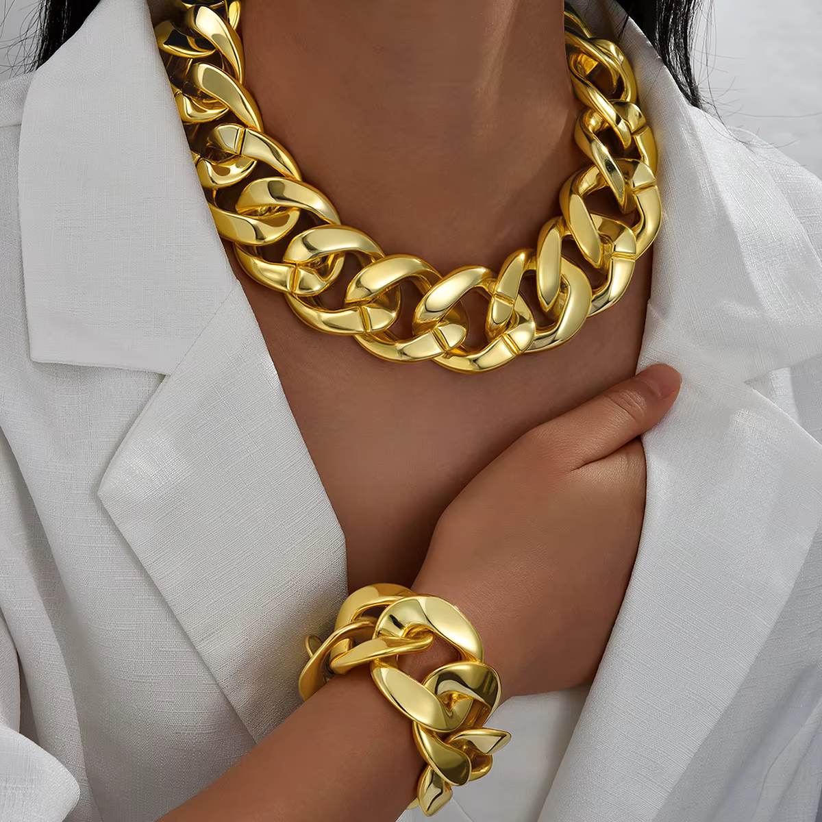 Ensemble collier et Bracelet en chaîne cubaine exagérée pour femmes, couleur or, chaîne épaisse, col