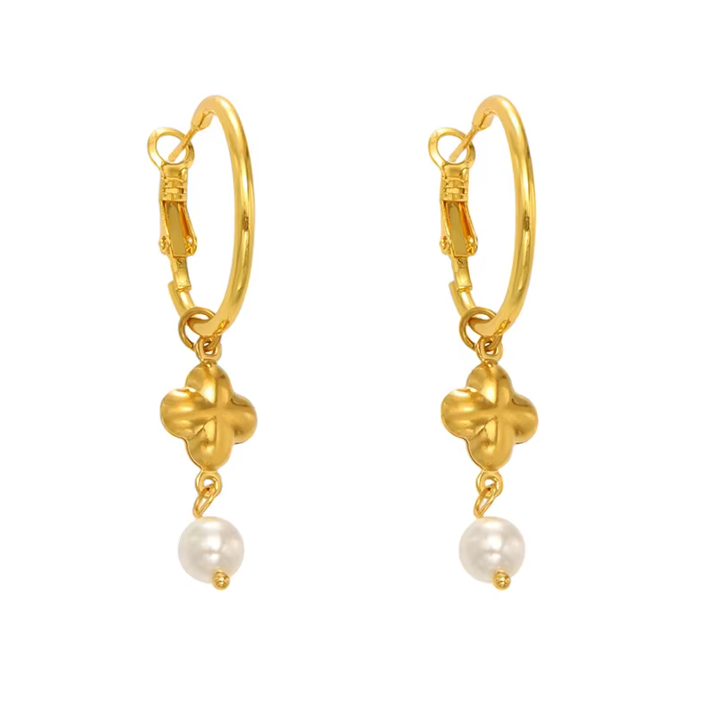Liora Chic Imitation perle croix boucles d'oreilles pour femmes PVD plaqué or en acier inoxydable hy