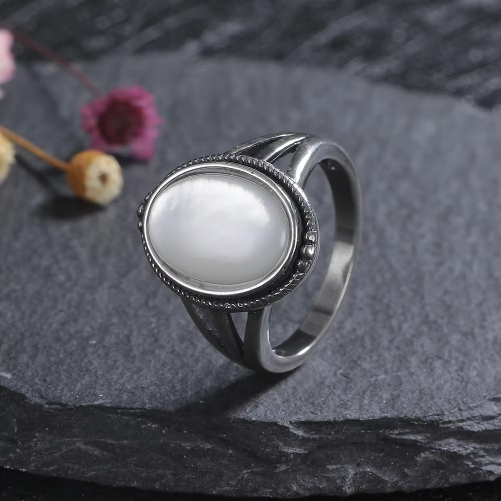 Bague de luxe en argent pour femmes, bijoux Vintage, coquille noire et blanche, cadeau de propositio