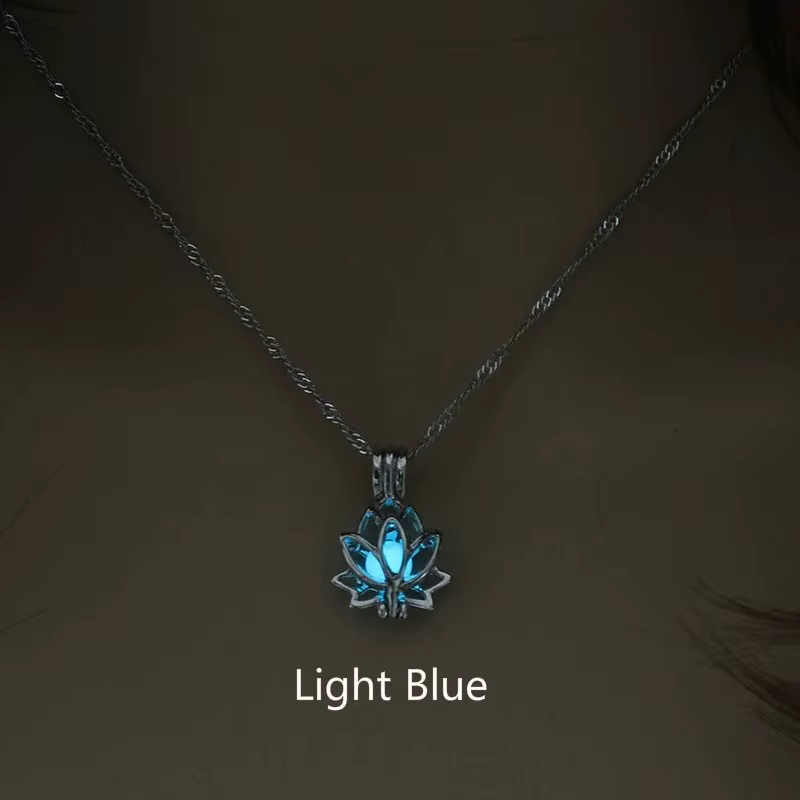 Collier pendentif lumineux en forme de fleur de Lotus pour femmes, lune scintillante dans la nuit, b
