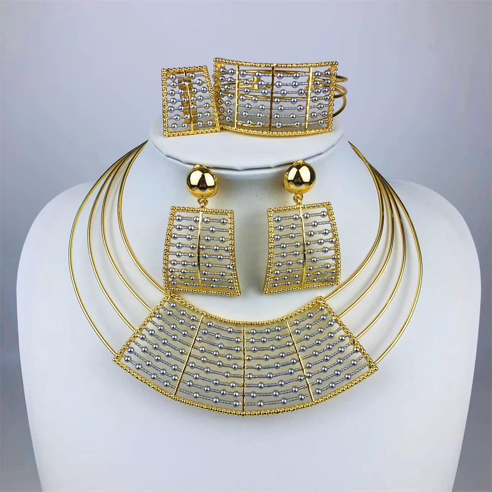 Ensemble de bijoux géométriques deux tons pour femmes, 4 pièces, collier épais, boucles d'oreilles, 
