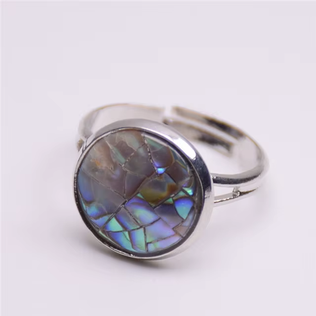 Bagues rondes argentées en coquille d'ormeau Paua naturelle pour femmes, gris, arc-en-ciel, jaune, b