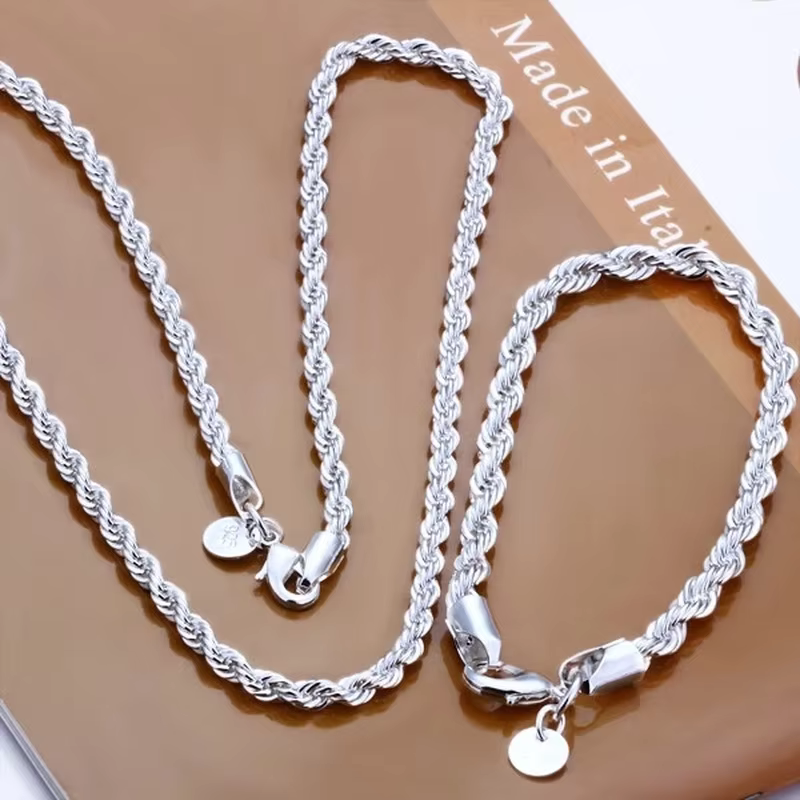 Haute qualité 925 argent 4MM femmes hommes chaîne mâle torsadé corde collier Bracelets mode argent e