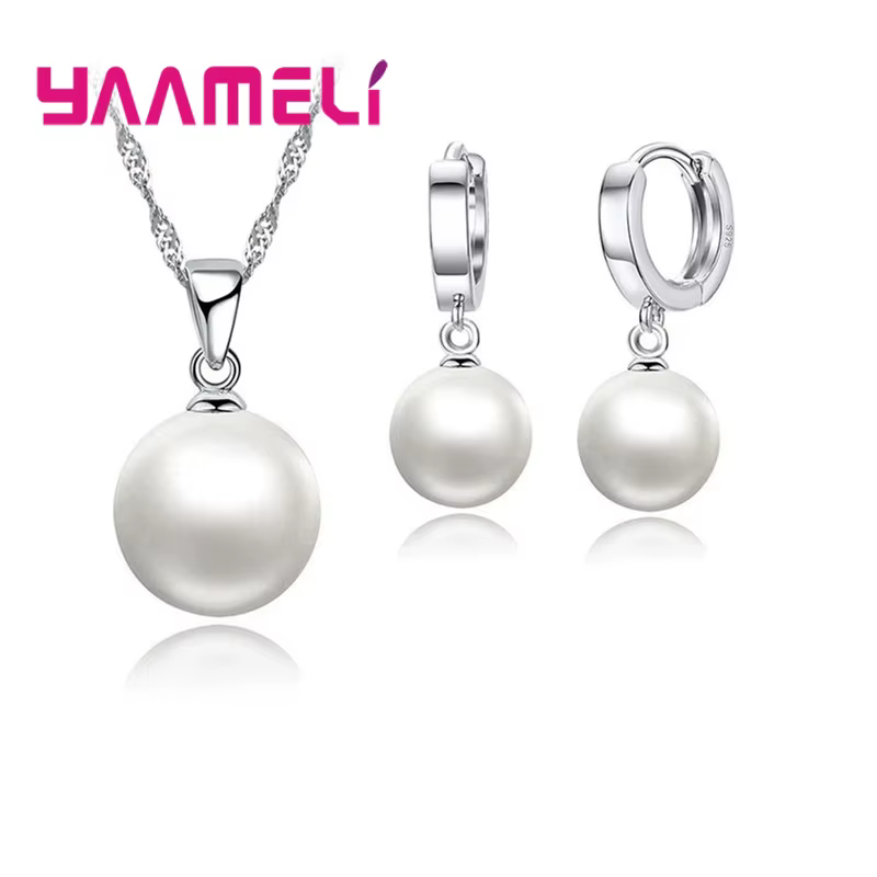 Ensembles de bijoux de mariage en argent regardé 925 pour femmes, collier de perles d'eau douce rond