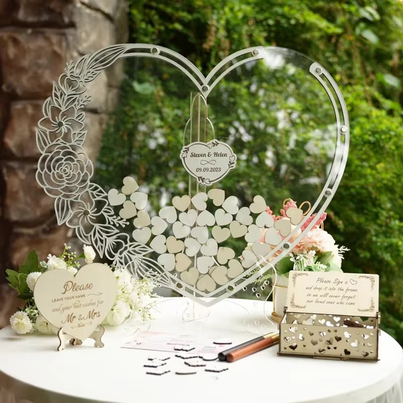 Livre d'Or de Mariage Personnalisé en Bois en Forme de Cœur, Cadeau Rustique Floral
