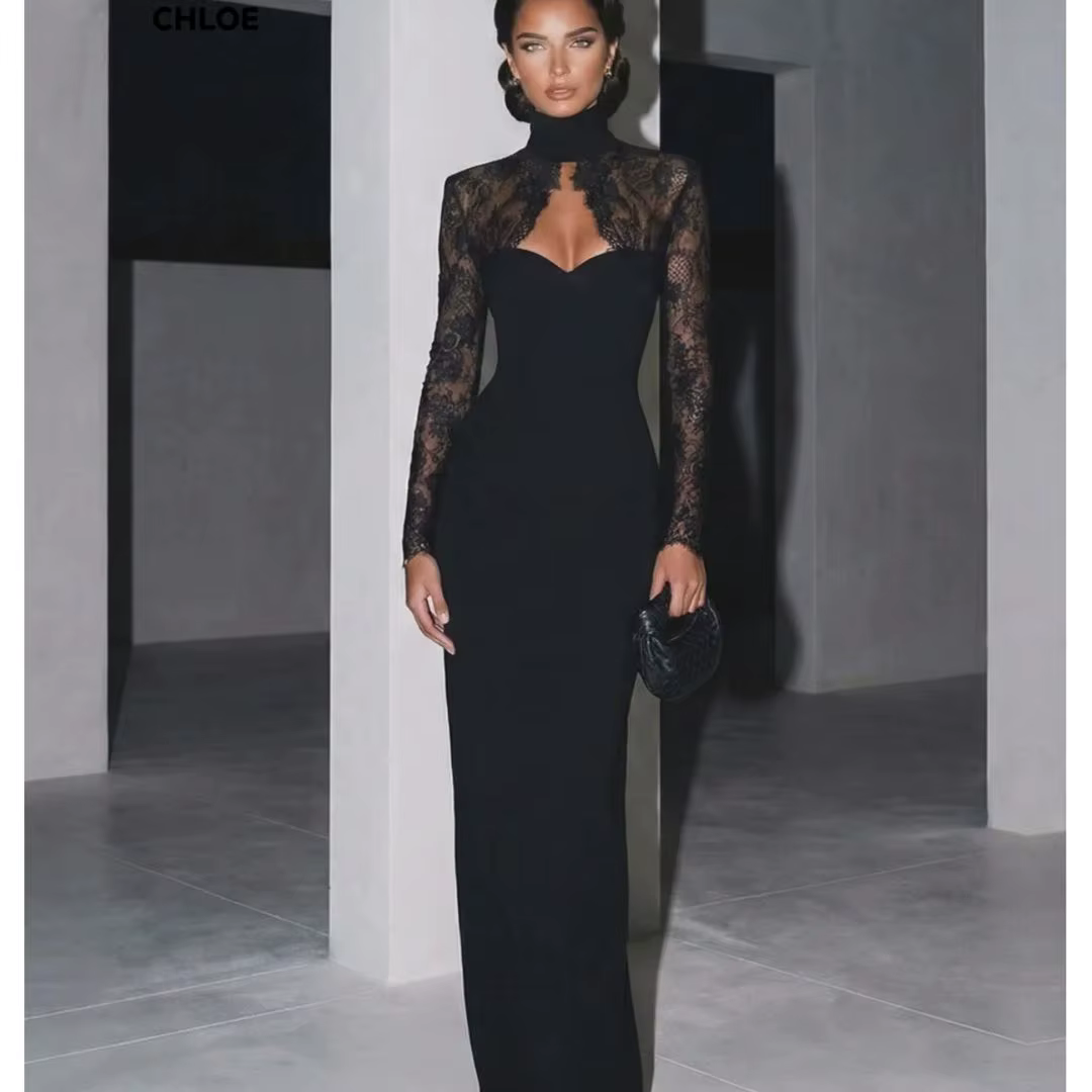Robes de mariée à manches longues pour occasions spéciales, robes de soirée élégantes noires, col ro
