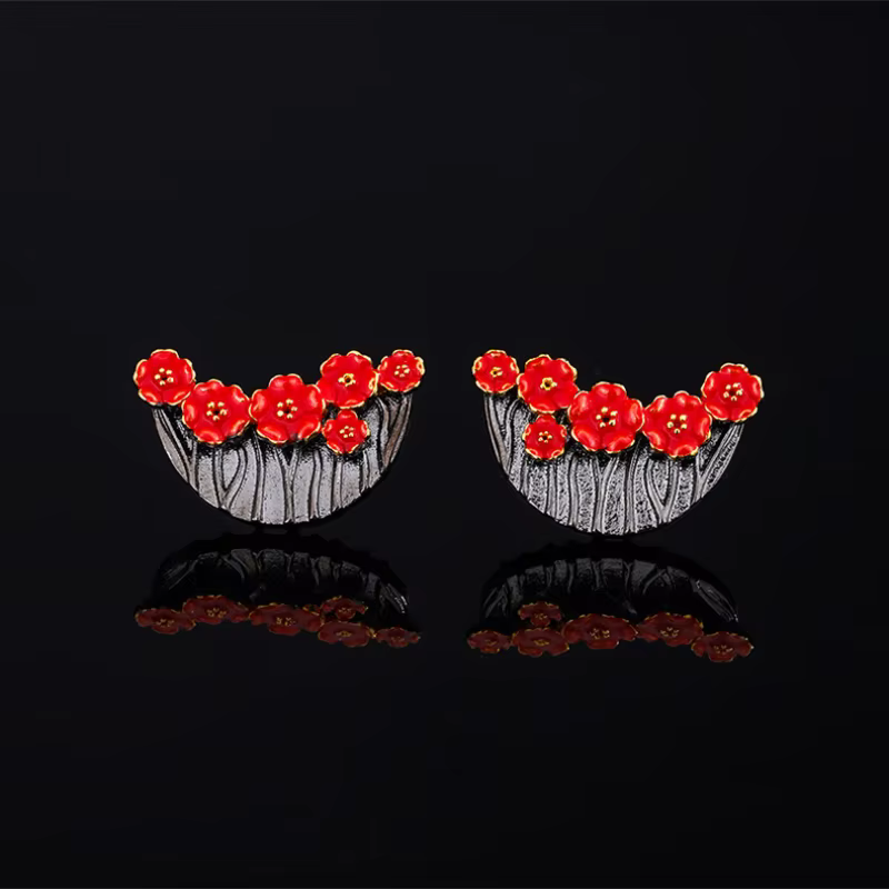 Boucles d'oreilles Vintage pour femmes, bijoux à fleurs rouges exquises, bijoux coréens en or noir d