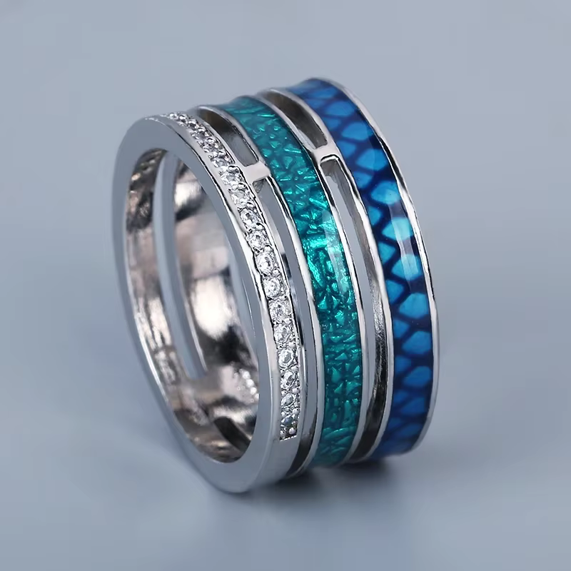 Bagues créatives pour femmes, bague géométrique en Zircon bleu à trois couches, émail fait à la main
