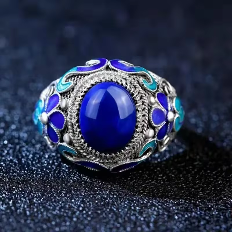 Bagues classiques en Lapis lazuli bleu pour femmes, fleur cloisonnée exquise, vintage, Style palais,